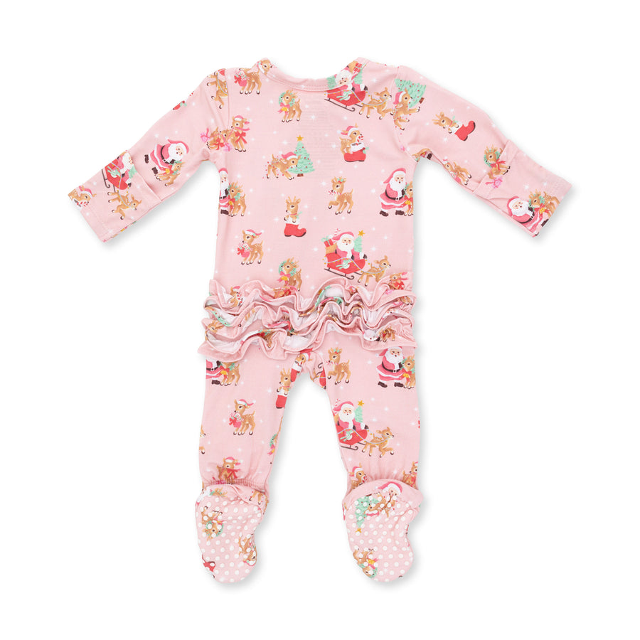 Bamboo Ruffle Back Zipper Footie - Vintage Reindeer and Santa - Pink