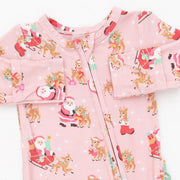 Bamboo Ruffle Back Zipper Footie - Vintage Reindeer and Santa - Pink