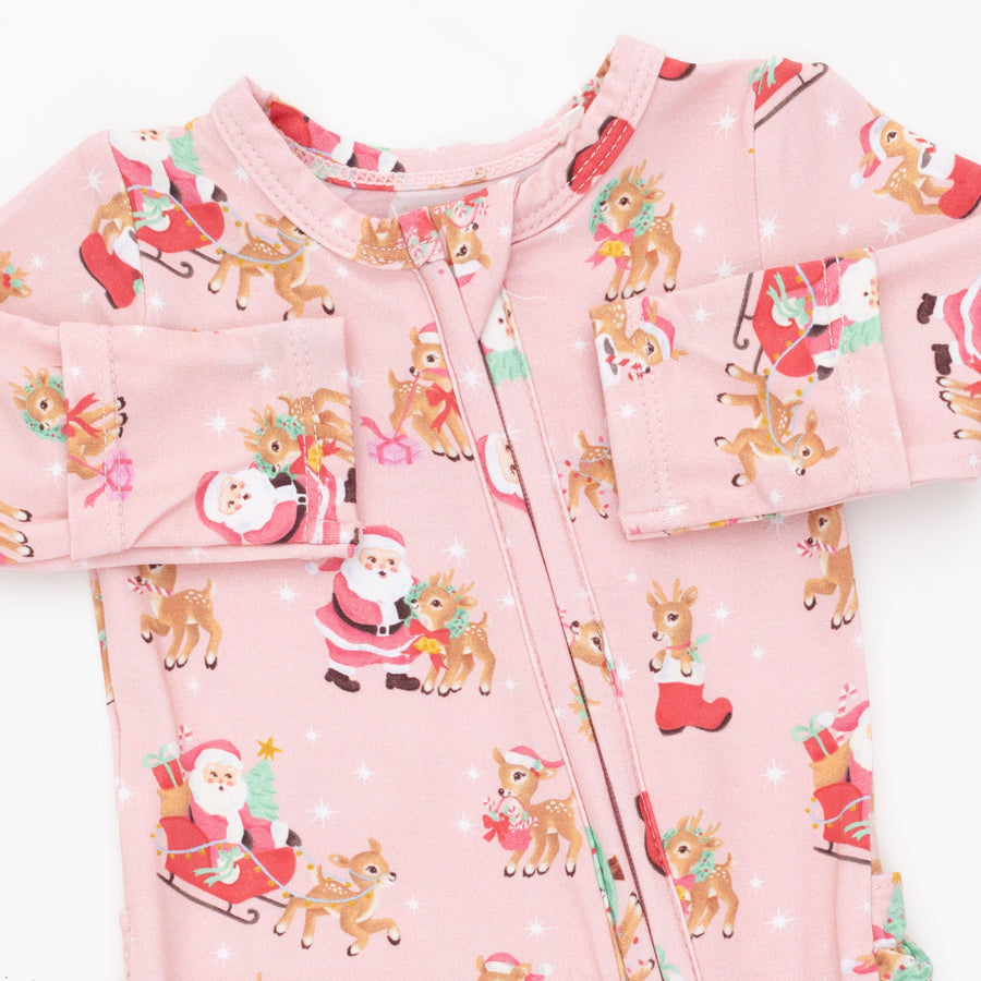 Bamboo Ruffle Back Zipper Footie - Vintage Reindeer and Santa - Pink