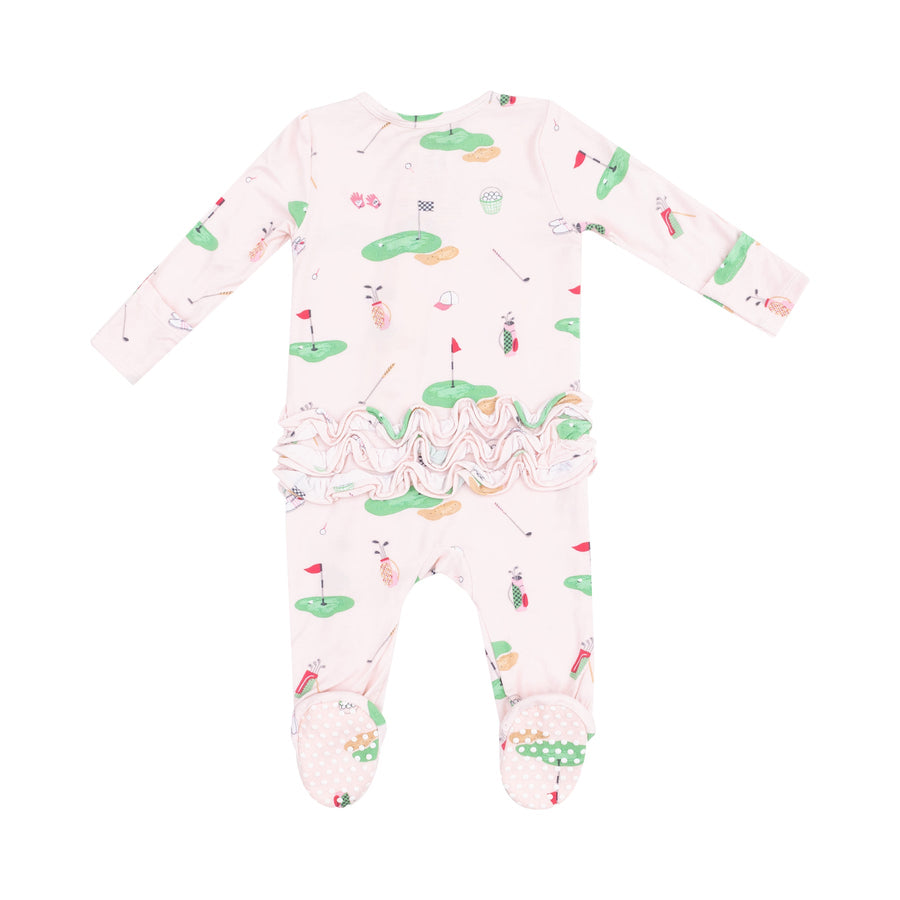 Bamboo Ruffle Back Zipper Footie - Golf Things Pink