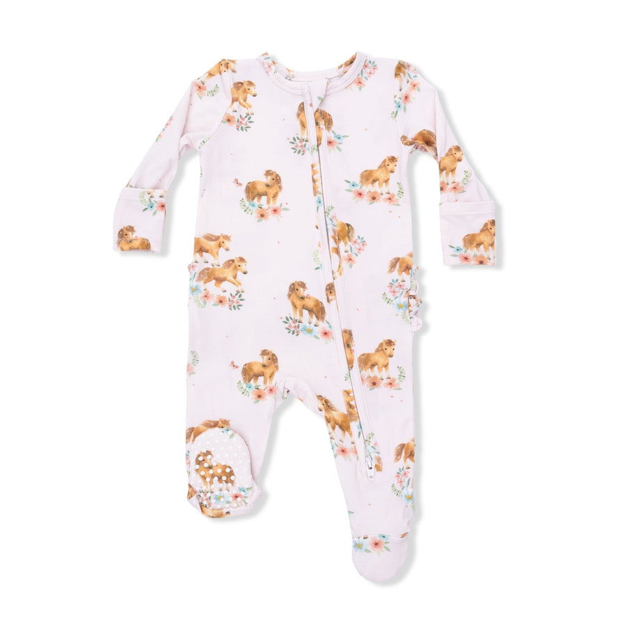 Bamboo Ruffle Back Zipper Footie - Pink Ponies