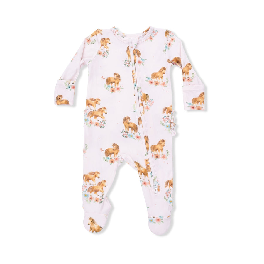 Bamboo Ruffle Back Zipper Footie - Pink Ponies
