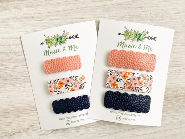 Set of 3 Snap Clips - Peach Pebble, Floral, and Navy Pebble