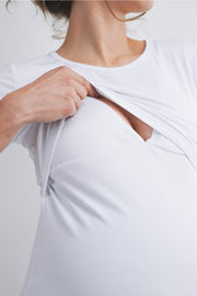 Short Sleeve Maternity Nursing Shirt with Front Panel - White