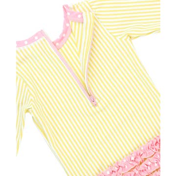 Banana Seersucker Long Sleeve Swimsuit with Rear Ruffles