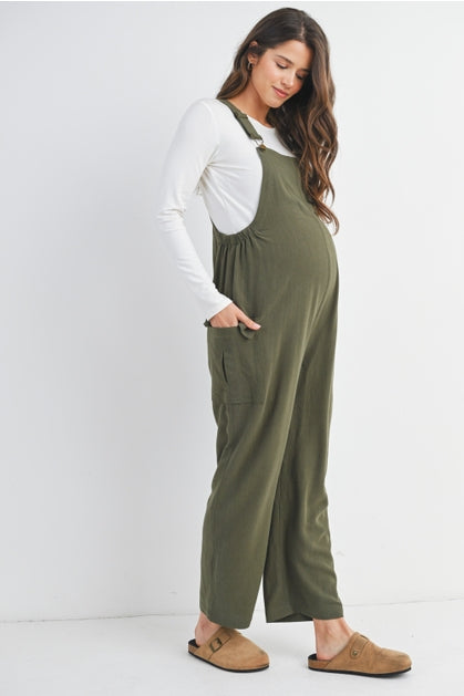 Straight Leg Maternity Adjustable Overalls - Olive