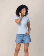 Ribbed Bamboo Crew Neck Nursing T-Shirt - French Blue