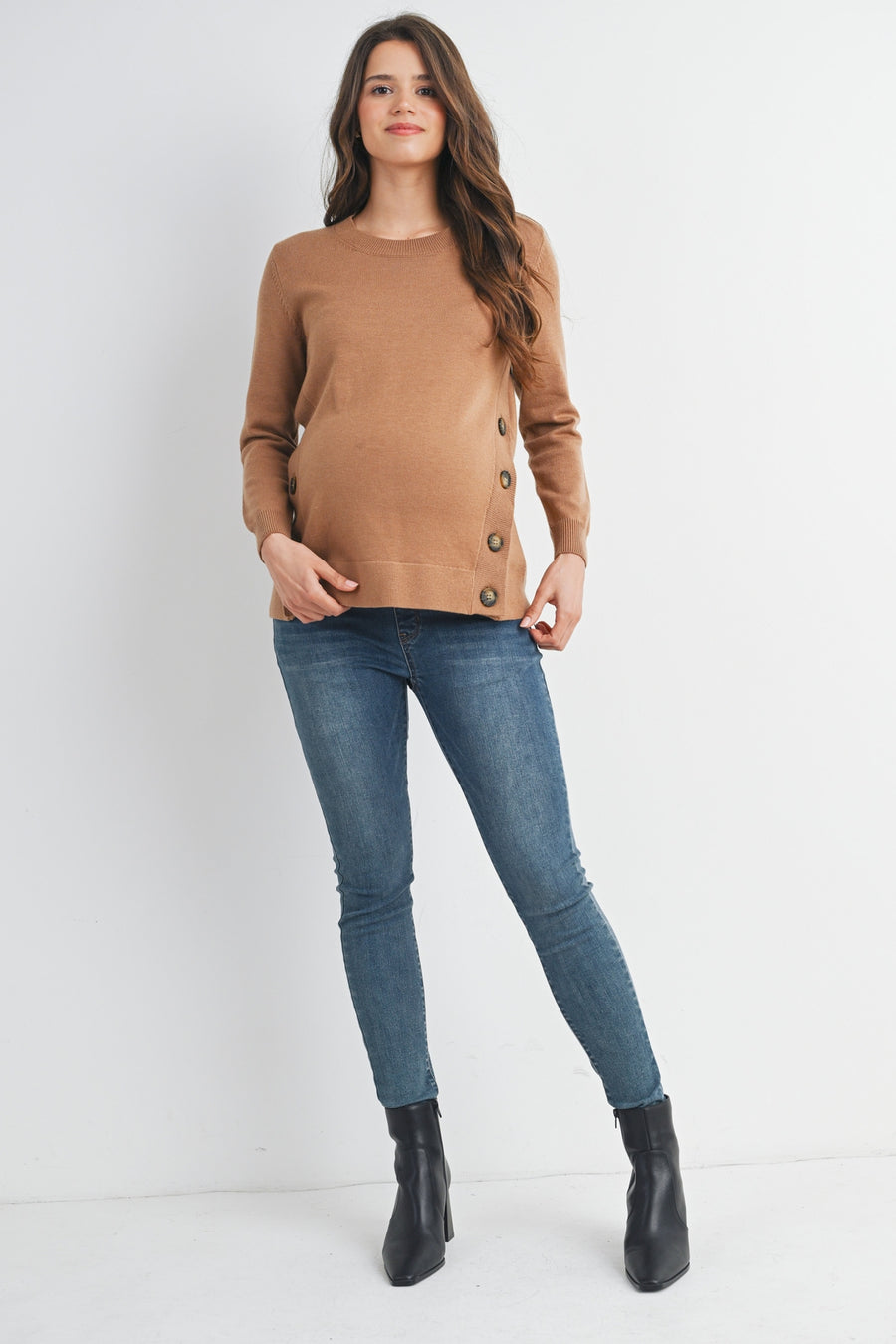 Button Side Pull Over Nursing/Maternity Sweater - Camel