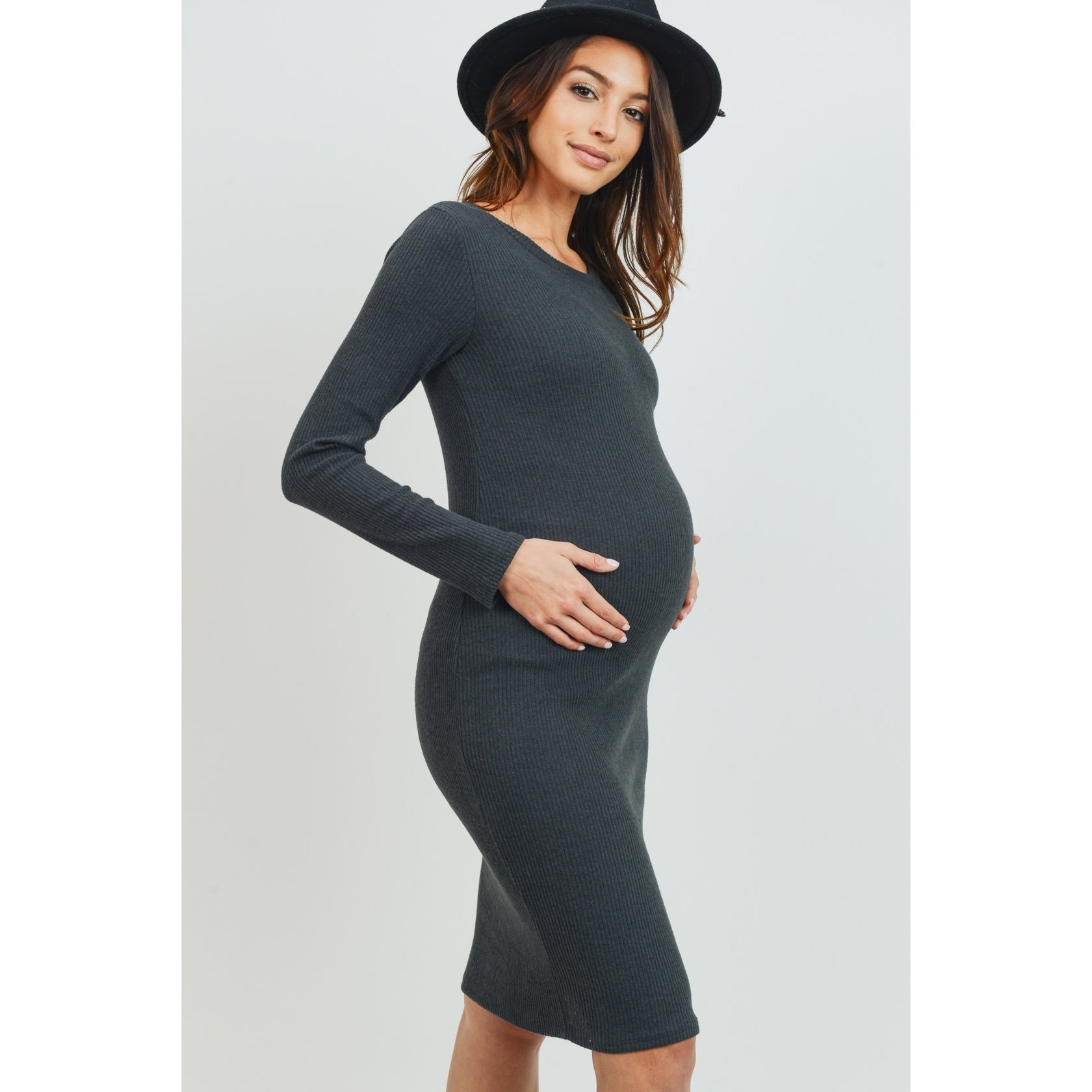 Ribbed Long Sleeve Maternity Bodycon Dress - Dark Green