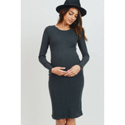 Ribbed Long Sleeve Maternity Bodycon Dress - Dark Green
