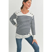 Stripe Maternity Nursing Sweater Top with Button Detail - Navy/White