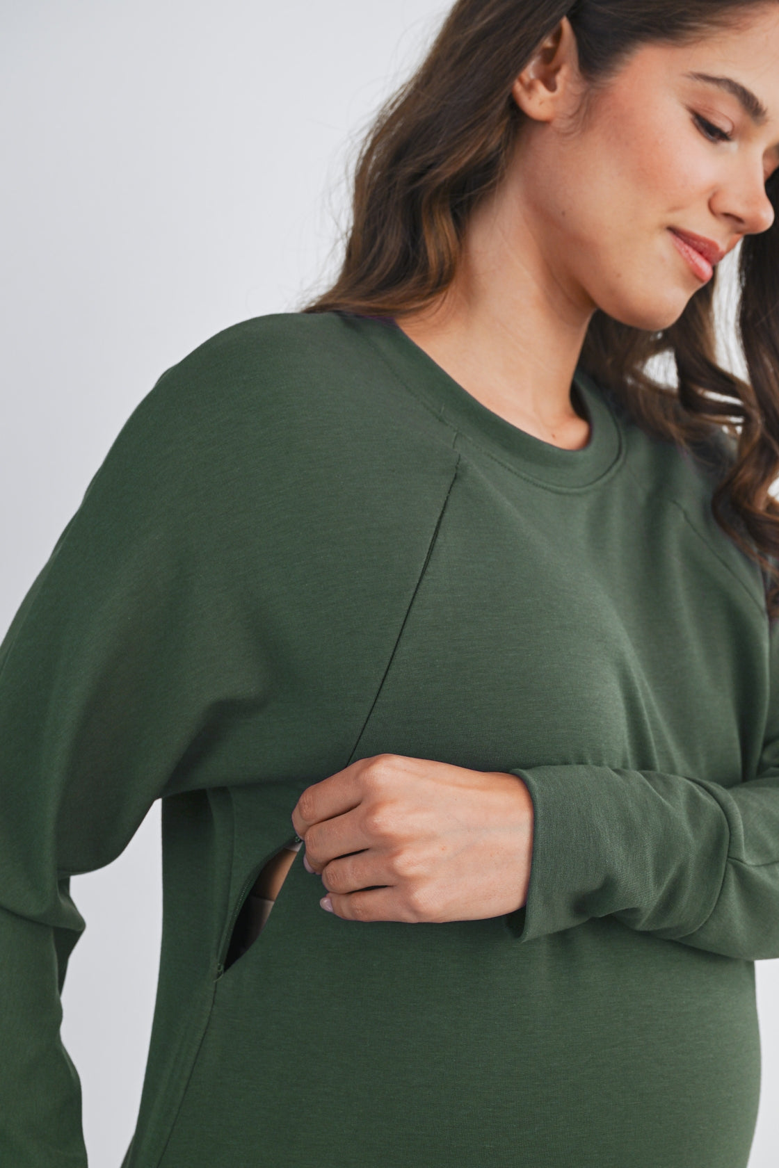 Side Zip Long Sleeve Maternity Nursing Sweatshirt - Green