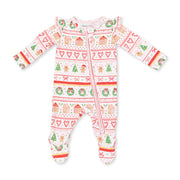 Bamboo Ruffle Sleeve Zipper Footie - Gingerbread Fair Isle - Pink