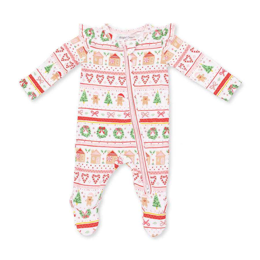 Bamboo Ruffle Sleeve Zipper Footie - Gingerbread Fair Isle - Pink