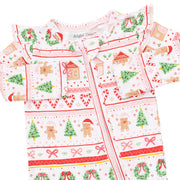 Bamboo Ruffle Sleeve Zipper Footie - Gingerbread Fair Isle - Pink