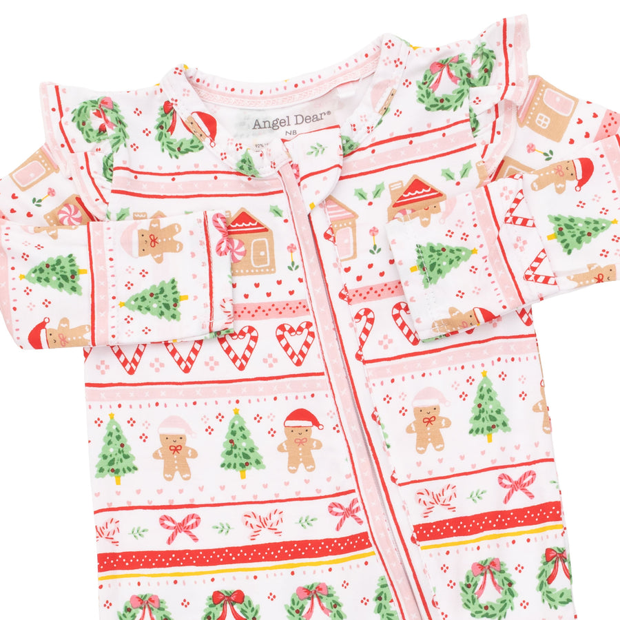 Bamboo Ruffle Sleeve Zipper Footie - Gingerbread Fair Isle - Pink
