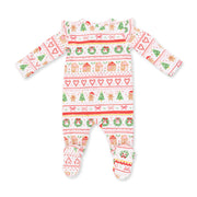 Bamboo Ruffle Sleeve Zipper Footie - Gingerbread Fair Isle - Pink