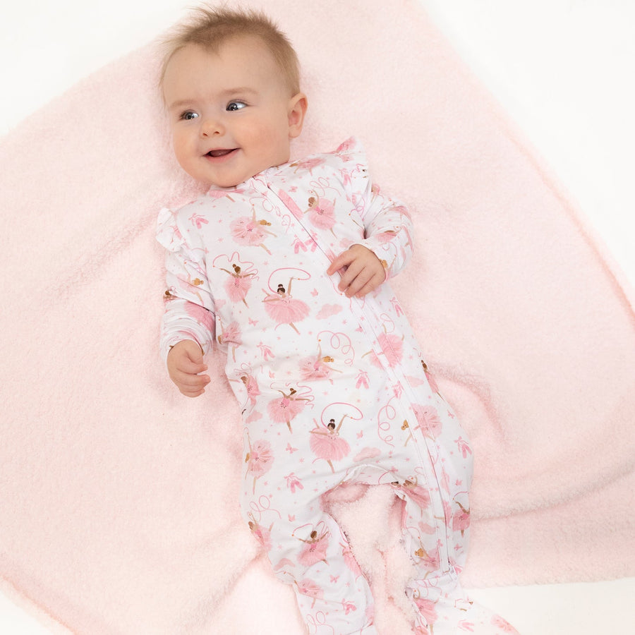 Bamboo Ruffle Sleeve Zipper Footie - Ribbon Ballerinas