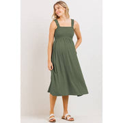 Tie Shoulder Smocked Maternity Midi Dress - Olive