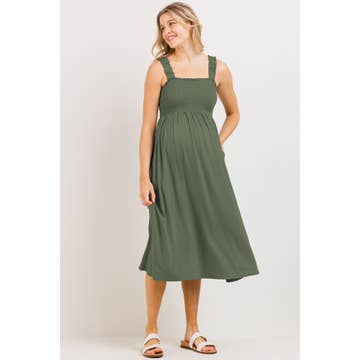 Tie Shoulder Smocked Maternity Midi Dress - Olive
