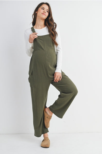 Straight Leg Maternity Adjustable Overalls - Olive
