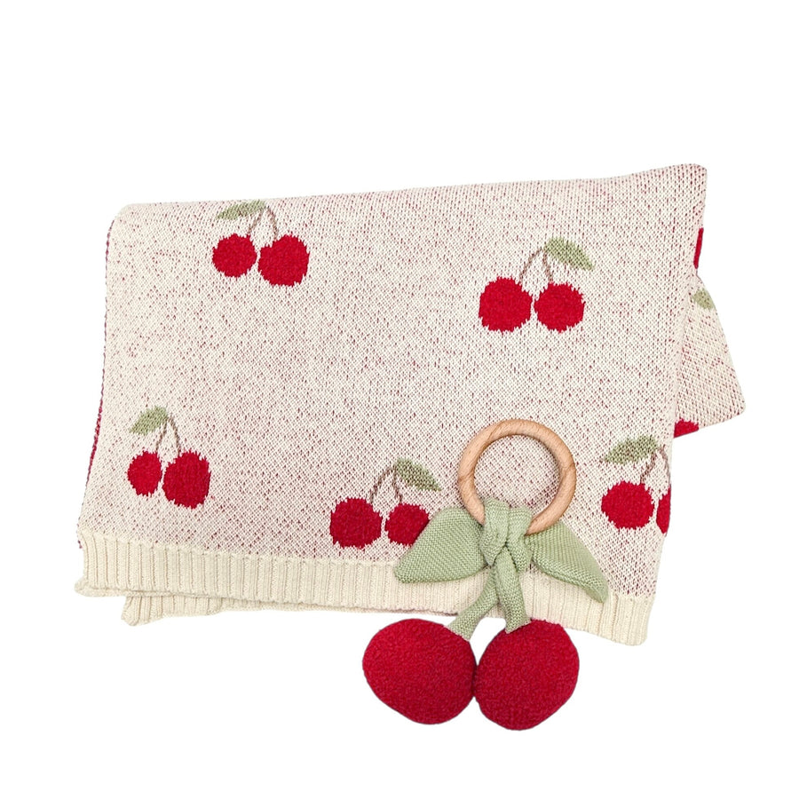 Organic Baby Blanket + Ring Rattle Toy Gift Set - Cherry