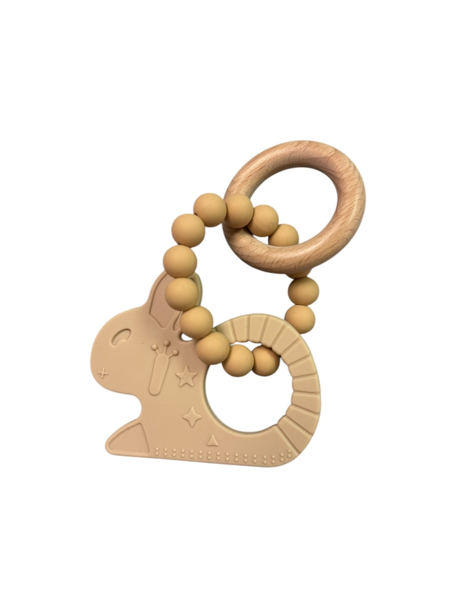 Silicone and Beechwood Bunny Rattle Teether - Various Colors