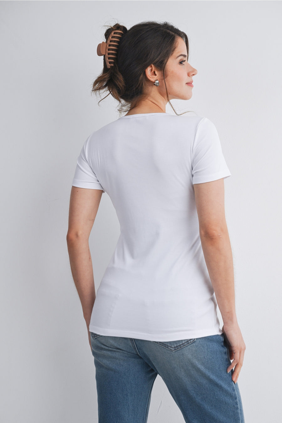 Short Sleeve Maternity Nursing Shirt with Front Panel - White