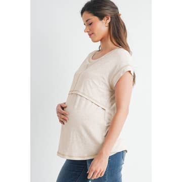 Double Layer Short Sleeve Maternity/Nursing Top - Oatmeal