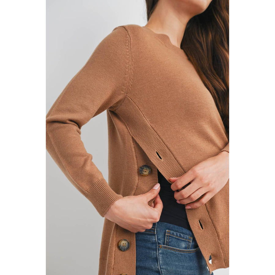 Button Side Pull Over Nursing/Maternity Sweater - Camel