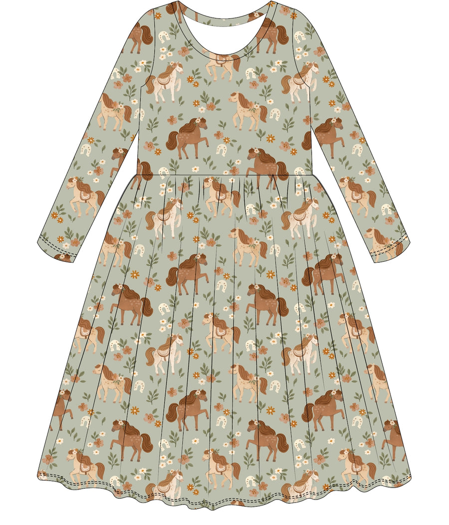 Long Sleeve Bamboo Dress - Horsin' Around