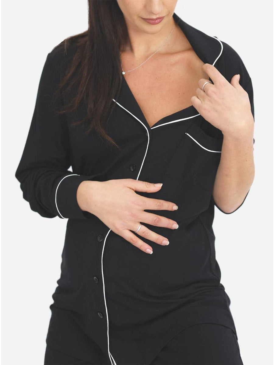 Maternity and Nursing Long Sleeve Pajama Set - Black