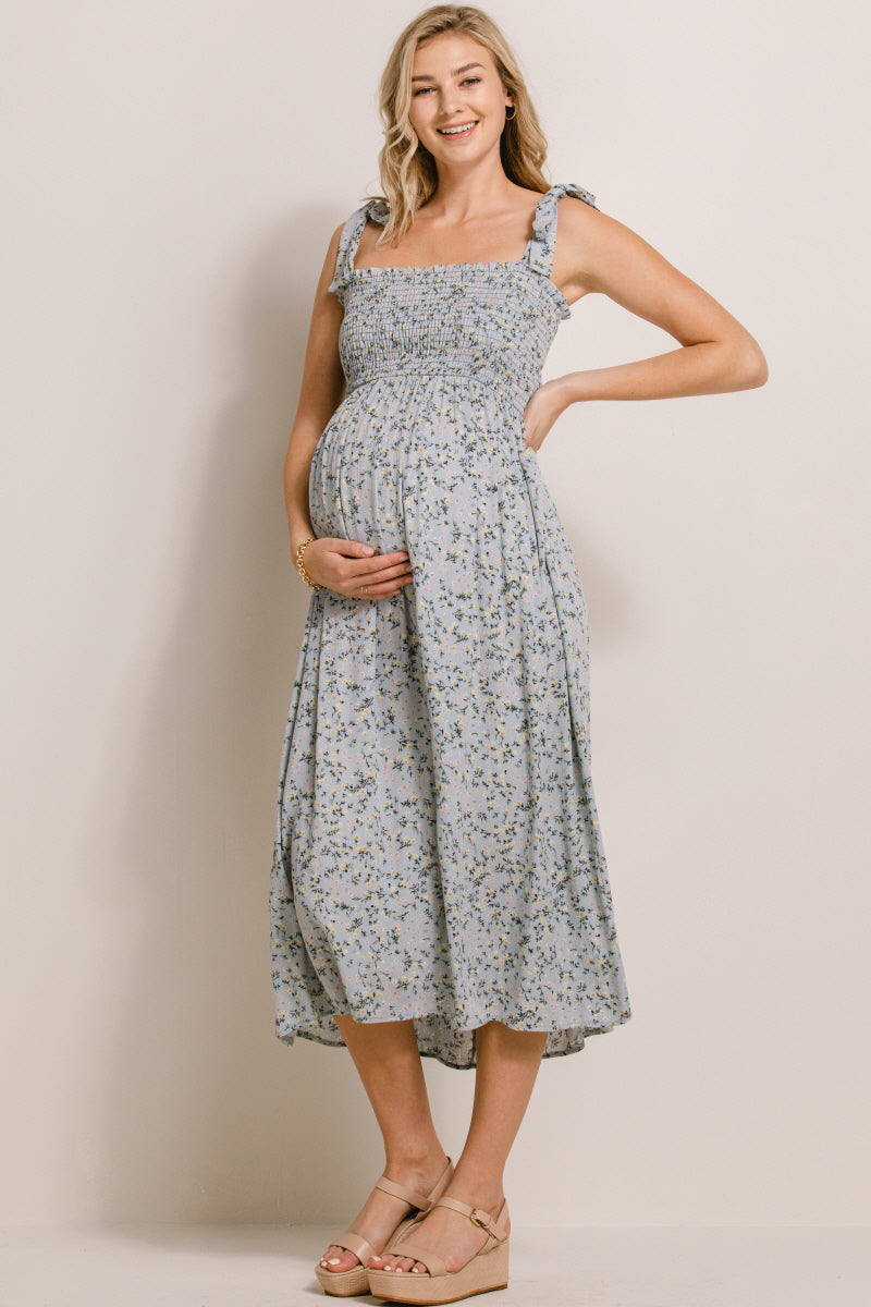 Tie Shoulder Floral Smocked Maternity Midi Dress - Sage
