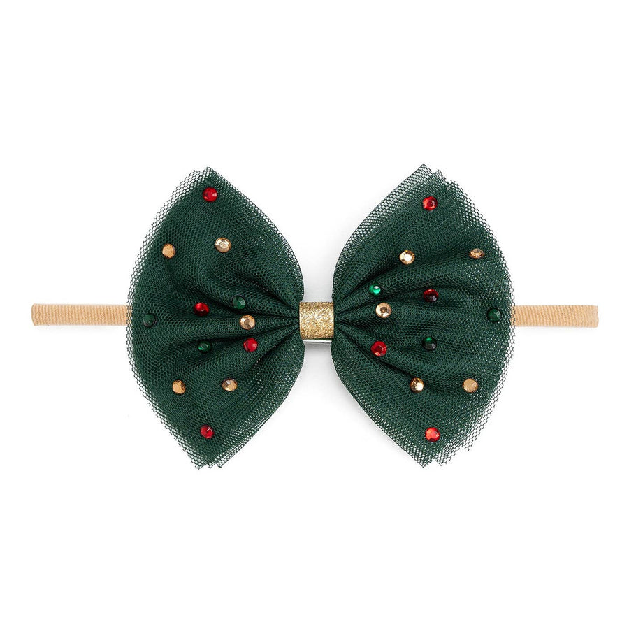 Emerald Rhinestone Christmas Tulle Bow Baby Headband