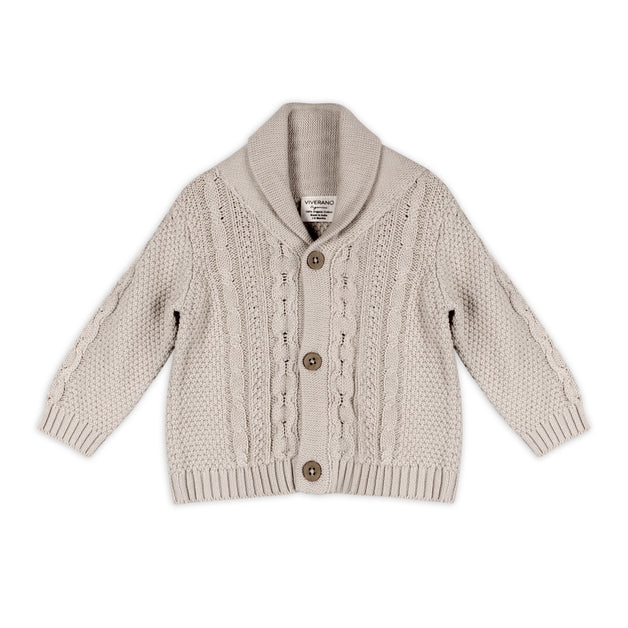 Organic Cotton Shawl Collar Cable Knit Baby Cardigan Sweater - Stone