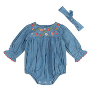 Organic Denim Baby Romper + Headband Set - Ida Floral Embroidery