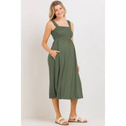 Tie Shoulder Smocked Maternity Midi Dress - Olive