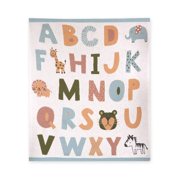 Organic Jacquard Sweater Knit Baby Blanket - Alphabet Blue