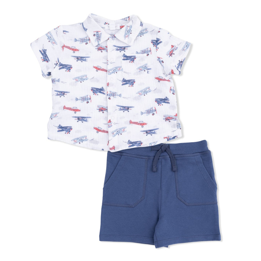 Polo Button Up with Everyday Shorts - Vintage Planes