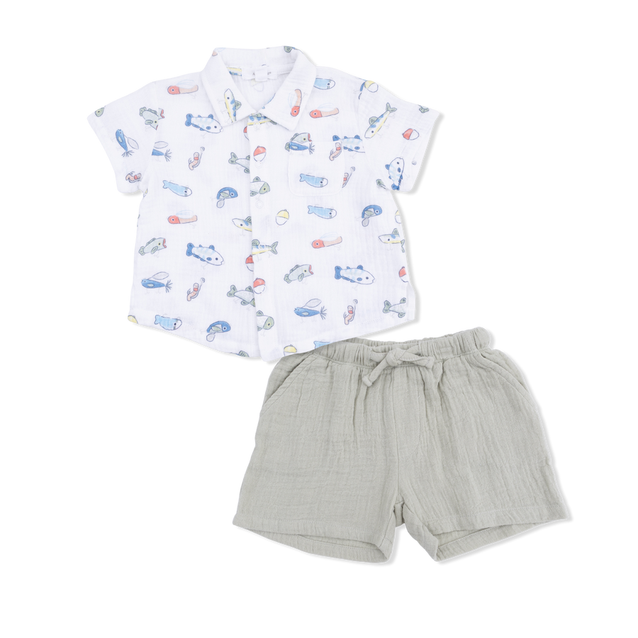Polo Button Up with Everyday Shorts - Fishing Lures