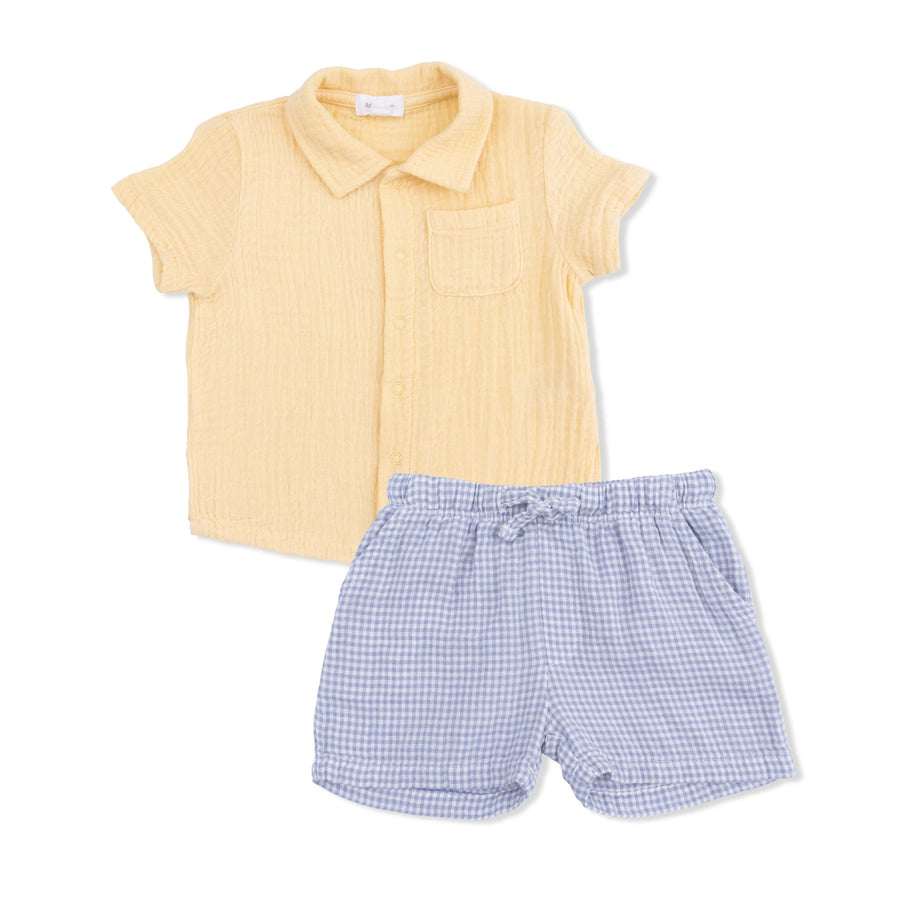 Polo Button Up with Everyday Shorts - Micro Gingham Blue Blizzard