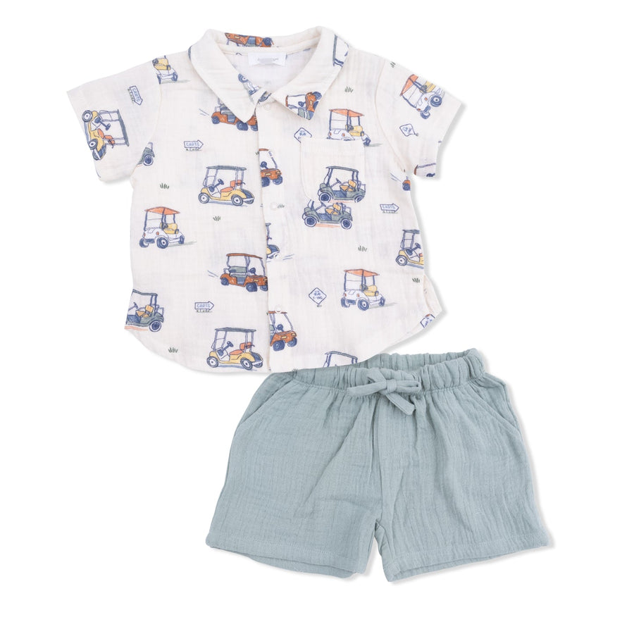 Polo Button Up with Everyday Shorts - Zooming Golf Cart