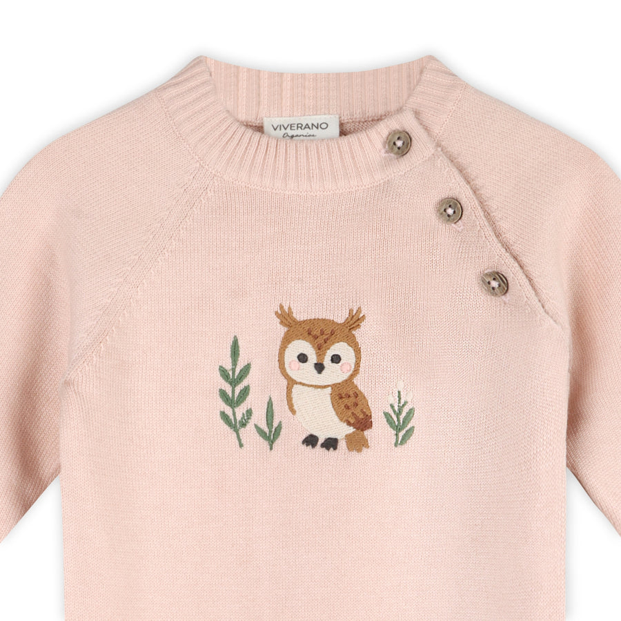 Owl Embroidered Baby Knit Organic Cotton Jumpsuit