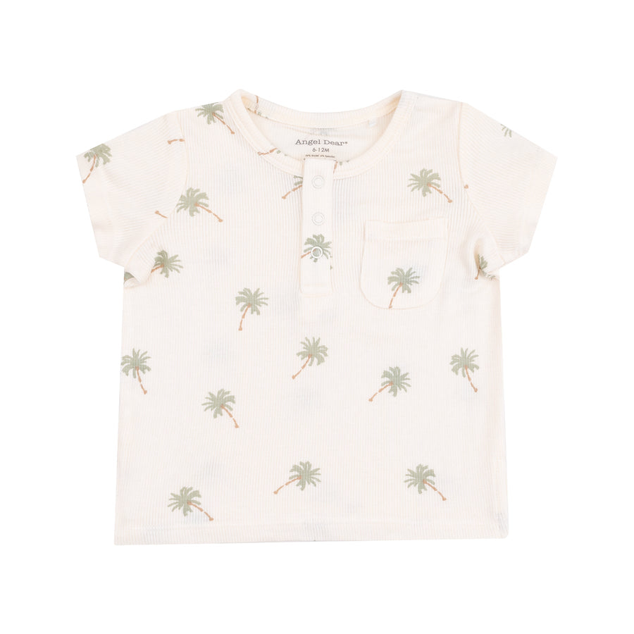 Ribbed Henley with Pocket and Muslin Short Set - Palm Trees