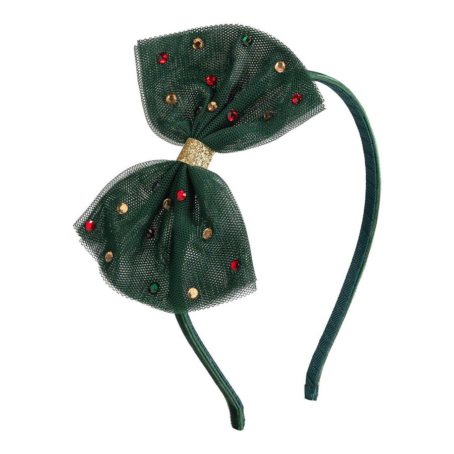 Emerald Rhinestone Christmas Tulle Bow Headband