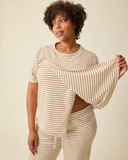 Luxe Terry Maternity & Nursing Split Hem T-Shirt - Ivory and Chocolate Stripe