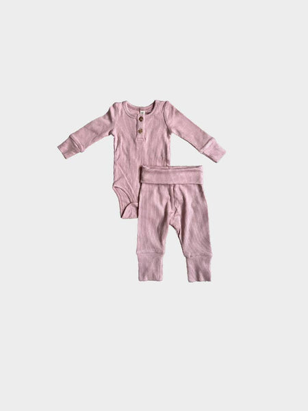 Ribbed Henley Bodysuit & Pant Set - Blush