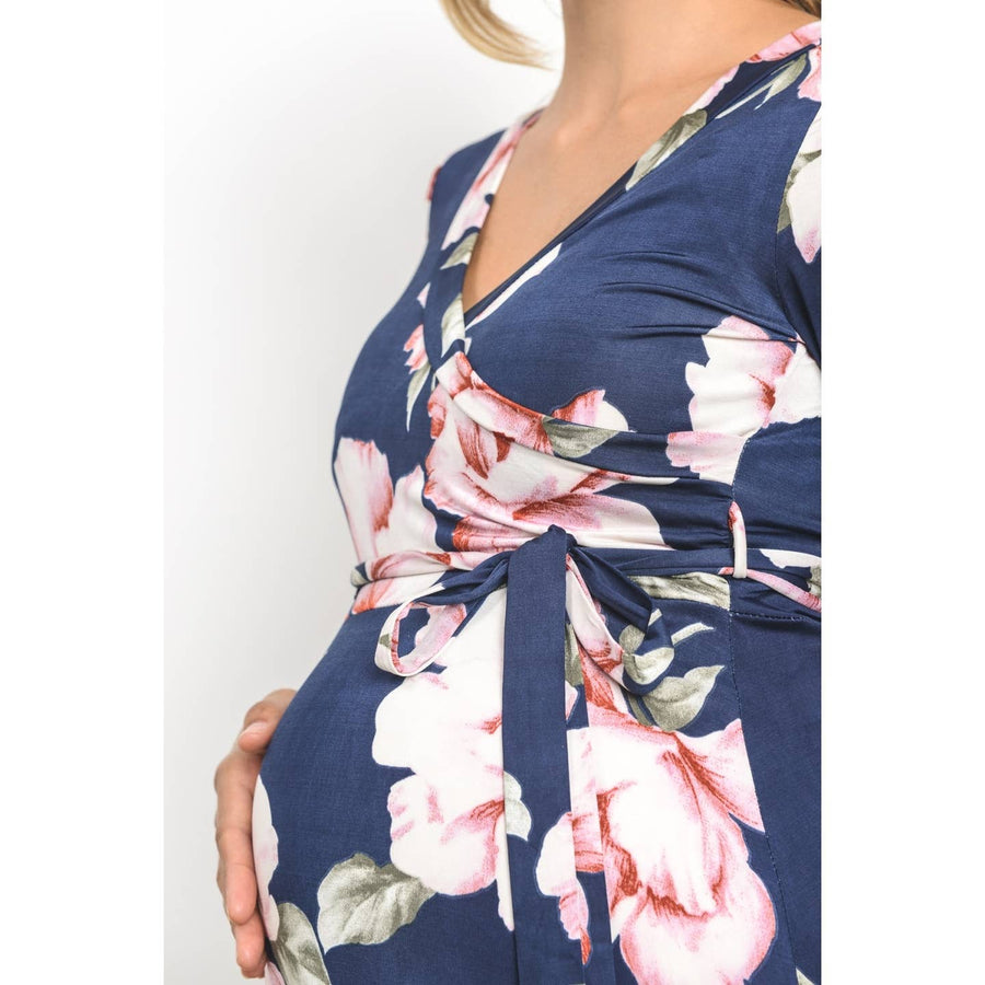Floral Print Faux Wrap Maternity Maxi Dress - Navy