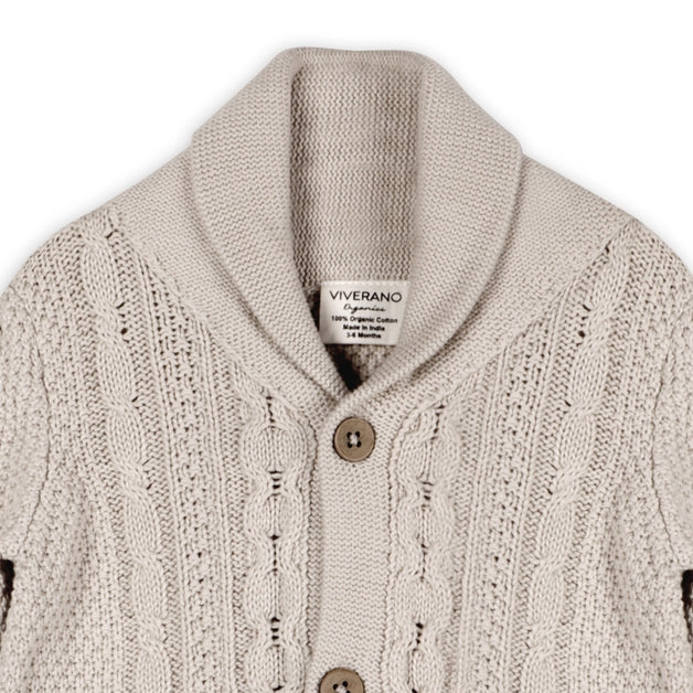 Organic Cotton Shawl Collar Cable Knit Baby Cardigan Sweater - Stone