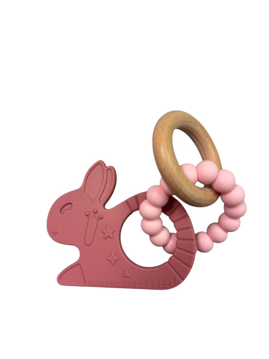 Silicone and Beechwood Bunny Rattle Teether - Various Colors